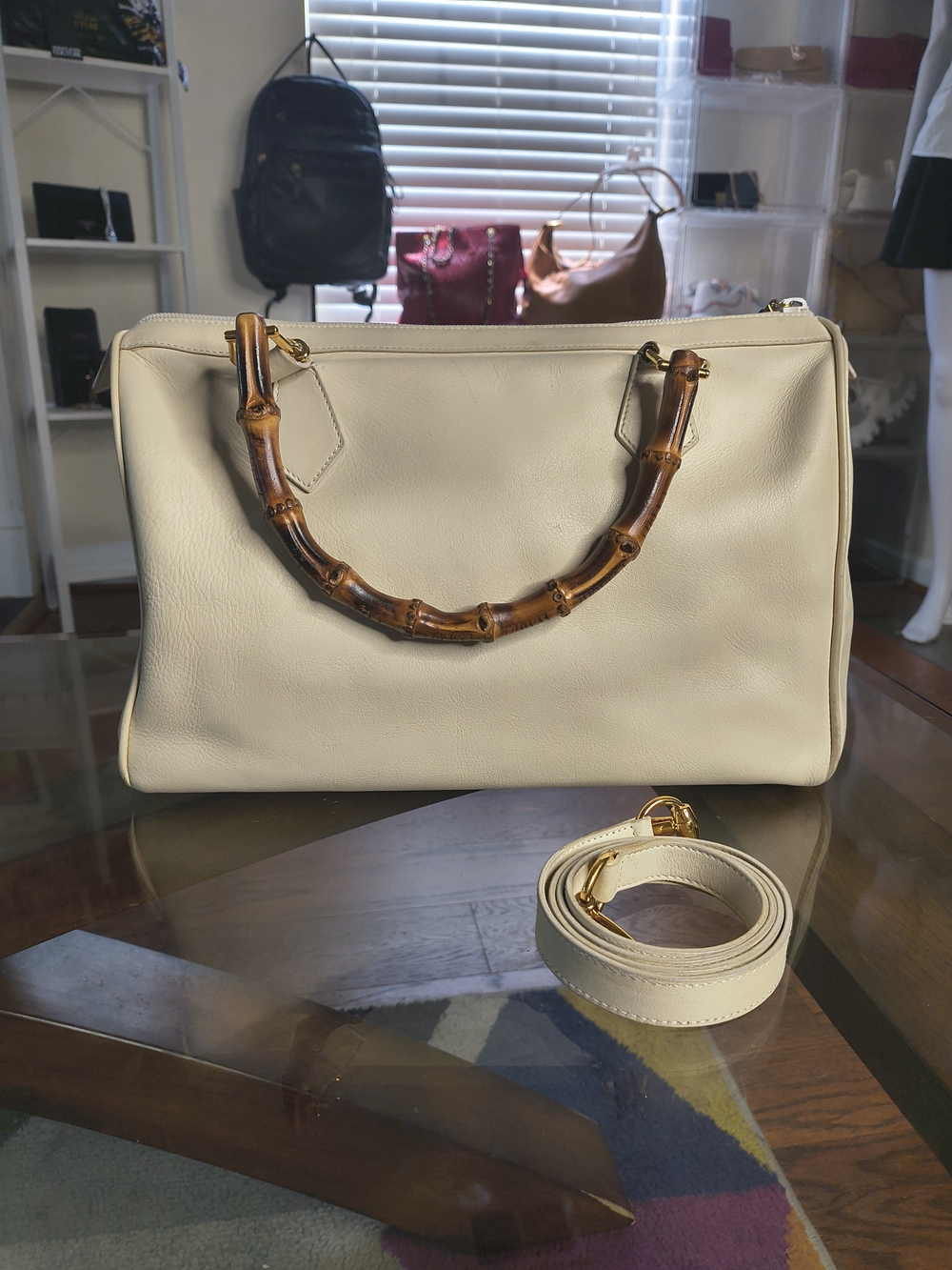 Vintage Gucci Bamboo White Leather Boston Duffle 2-Way Shoulder Satchel Italy